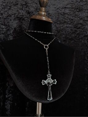 Black Silver-Tone Crucifix Rosary Necklace - Women Jewelry